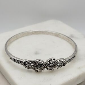 Sterling Silver Bangle Bracelet with Intricate Marcasite Detailing Unsigned